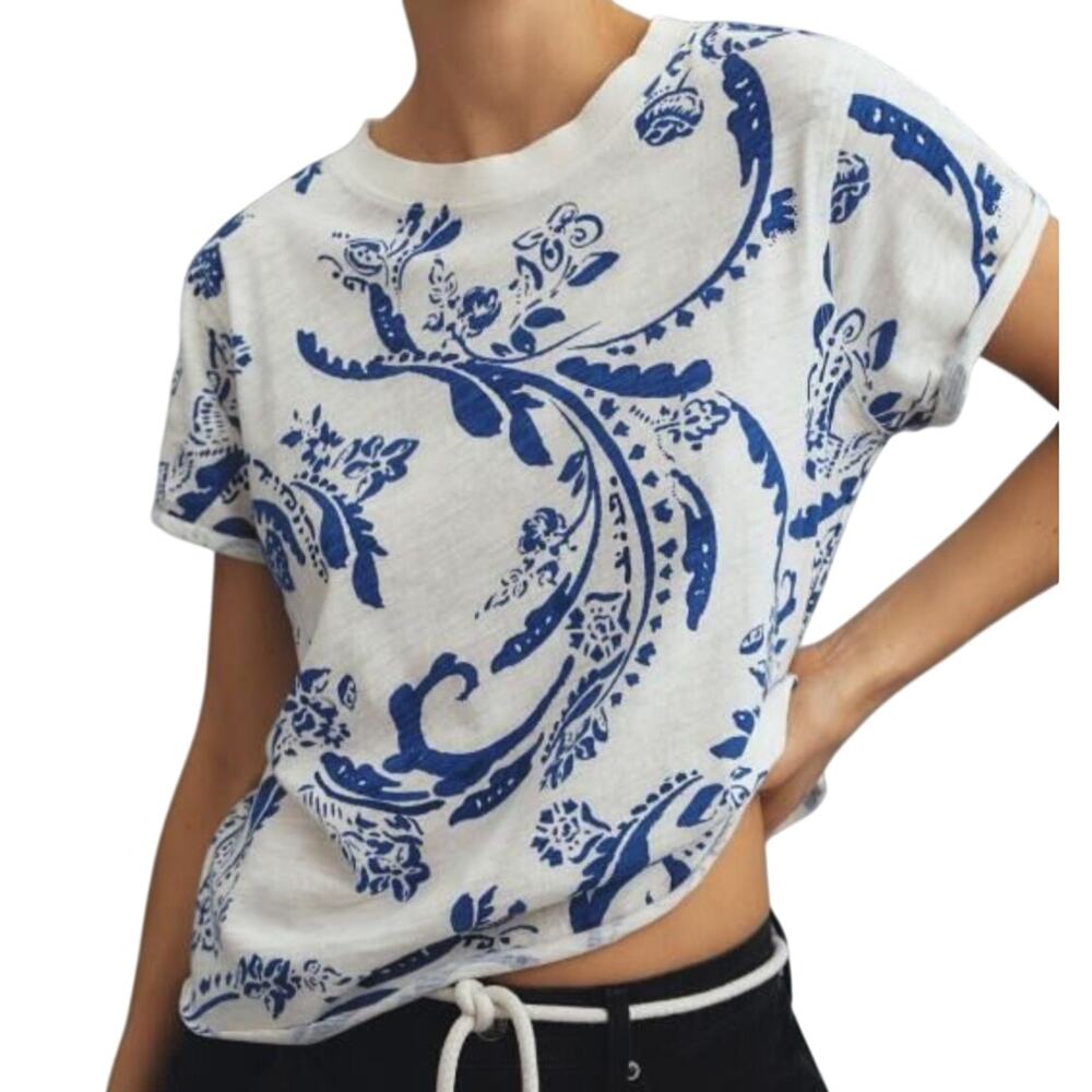 Maeve Anthropologie Womens Blue & White Caitlin Boxy Floral Tee Size S